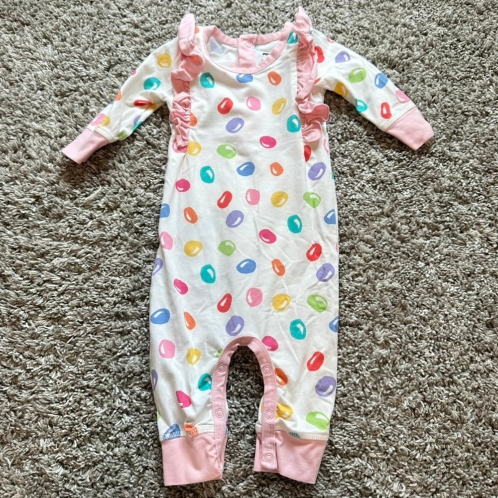 Monica and Andy 3-6M Romper Ruffle Trim Jelly Bean Print Organic‎ Cotton